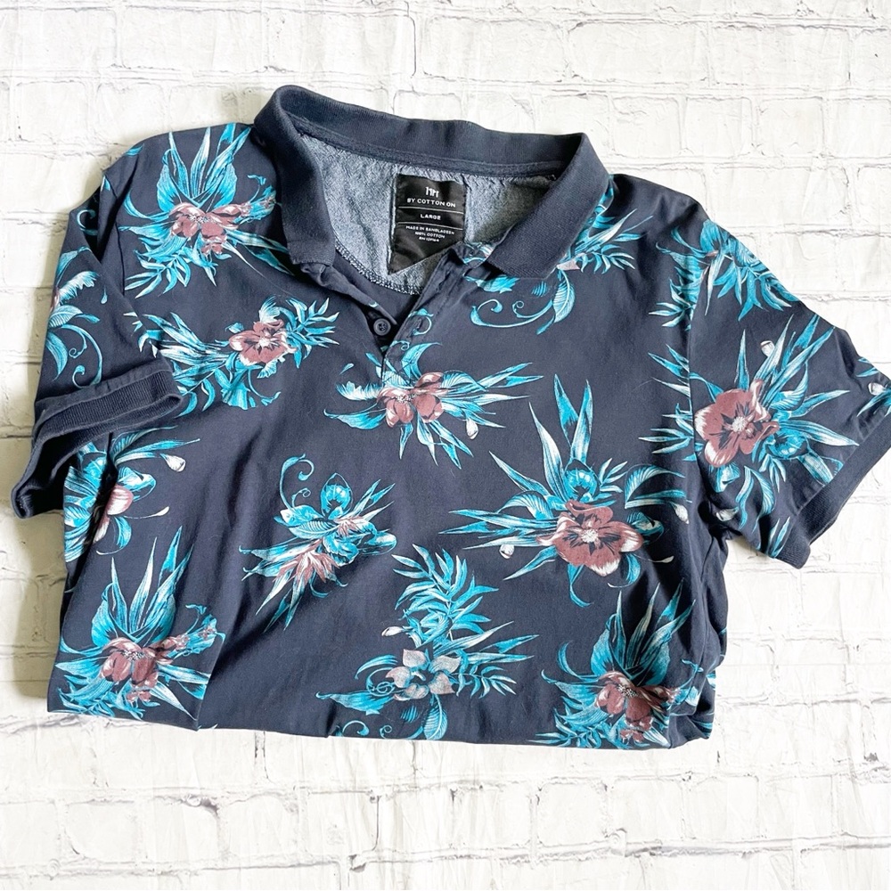 Mens Cotton On Blue & Tropical Floral Polo Shirt